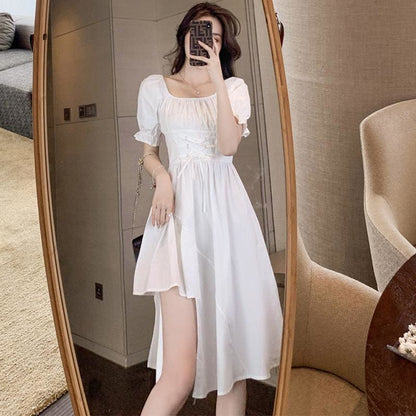 Irregular Lace Up Puff Sleeve Midi Dress