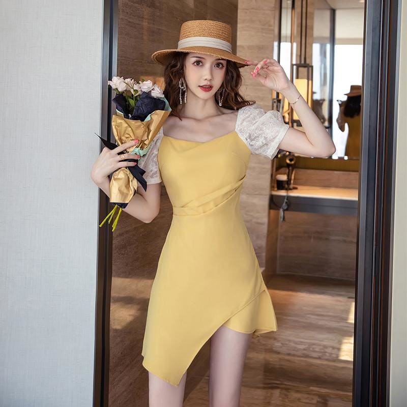 Irregular Panel Puff Sleeve Mini Dress