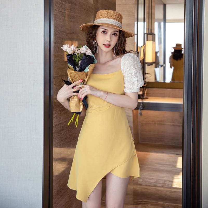 Irregular Panel Puff Sleeve Mini Dress