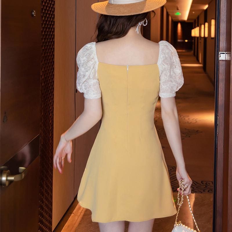 Irregular Panel Puff Sleeve Mini Dress