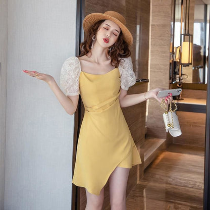 Irregular Panel Puff Sleeve Mini Dress