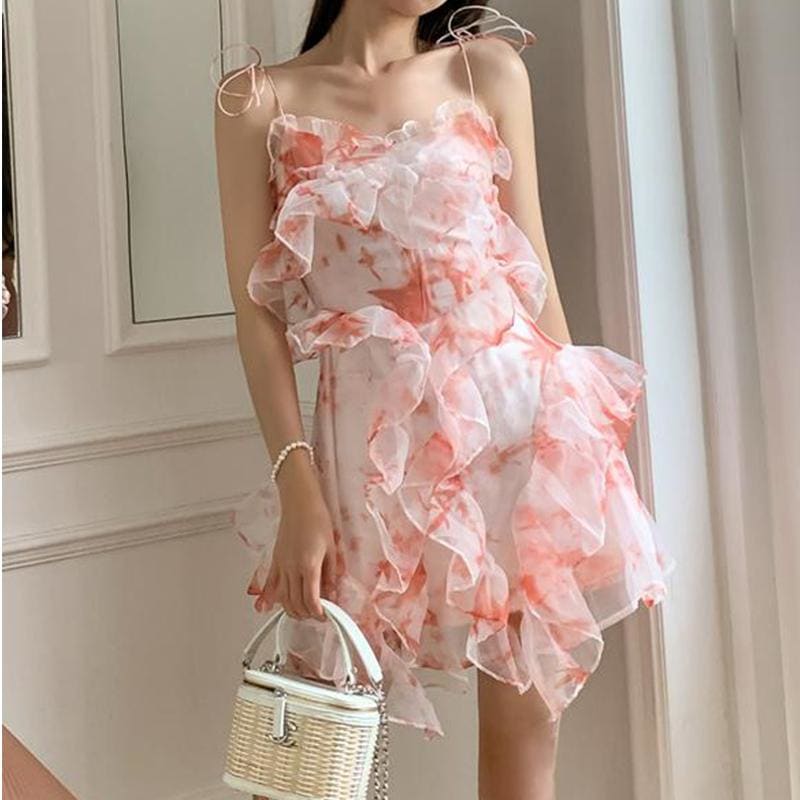 Irregular Sling Mini Dress With Ruffles