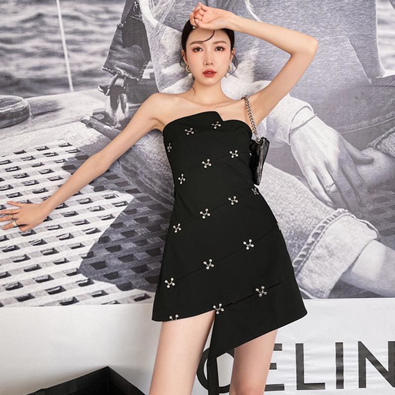 Irregularly Rotating Beaded Mini Dress