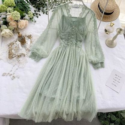 Jamie - Mesh Lace Crochet Dresses Elegant Prom Puff Sleeves 