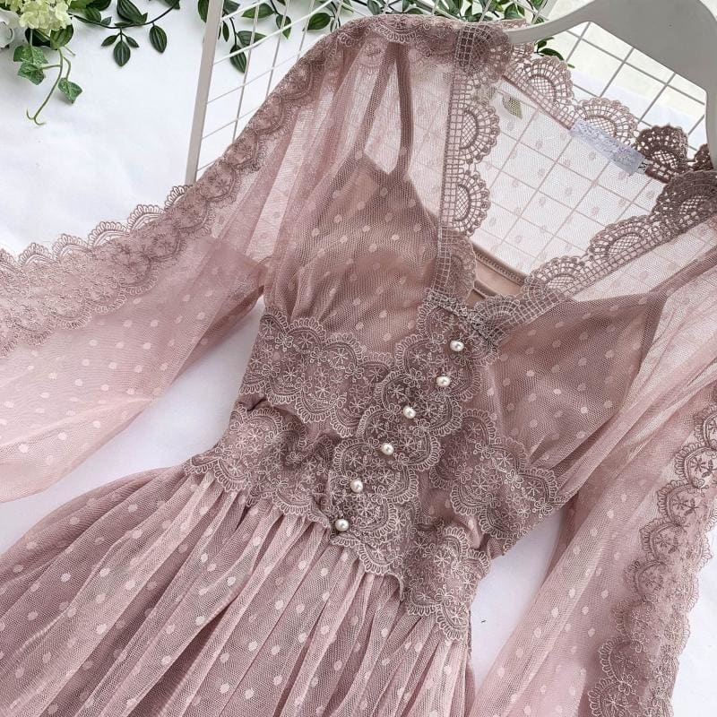 Jamie - Mesh Lace Crochet Dresses Elegant Prom Puff Sleeves 