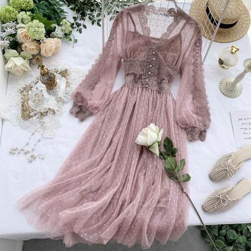 Jamie - Mesh Lace Crochet Dresses Elegant Prom Puff Sleeves 