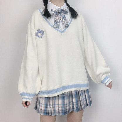 JK School Unifrom Embroidery V-Neck Stripe Sweater MK15740 - KawaiiMoriStore