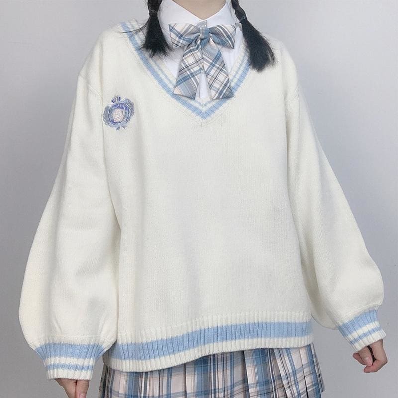 JK School Unifrom Embroidery V-Neck Stripe Sweater MK15740 - KawaiiMoriStore