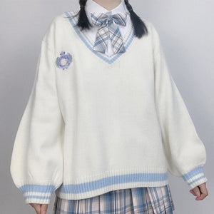 JK School Unifrom Embroidery V-Neck Stripe Sweater MK15740 - KawaiiMoriStore