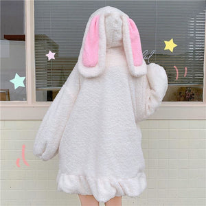 Kawaii Aesthetic Fuzzy White Bunny Ear Zipper Hoodie - White