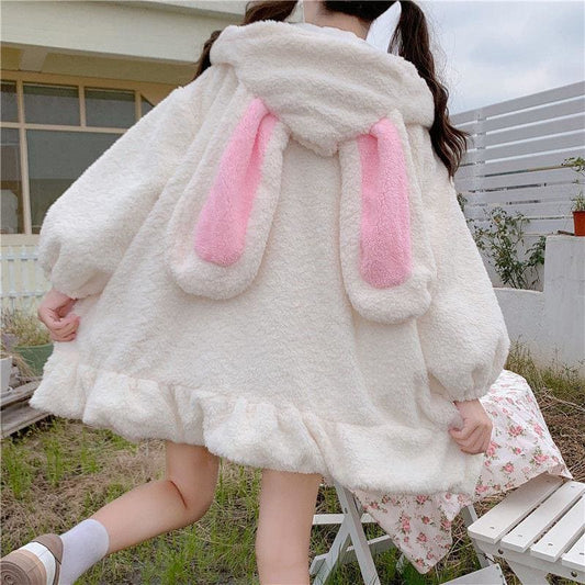 Kawaii Aesthetic Fuzzy White Bunny Ear Zipper Hoodie - White