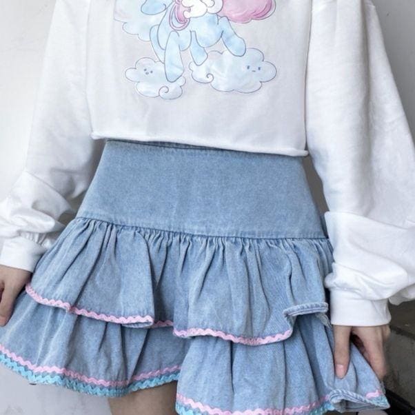 Kawaii Babydoll Ruffle Denim Mini Skirt - Kawaii Doll Lolita