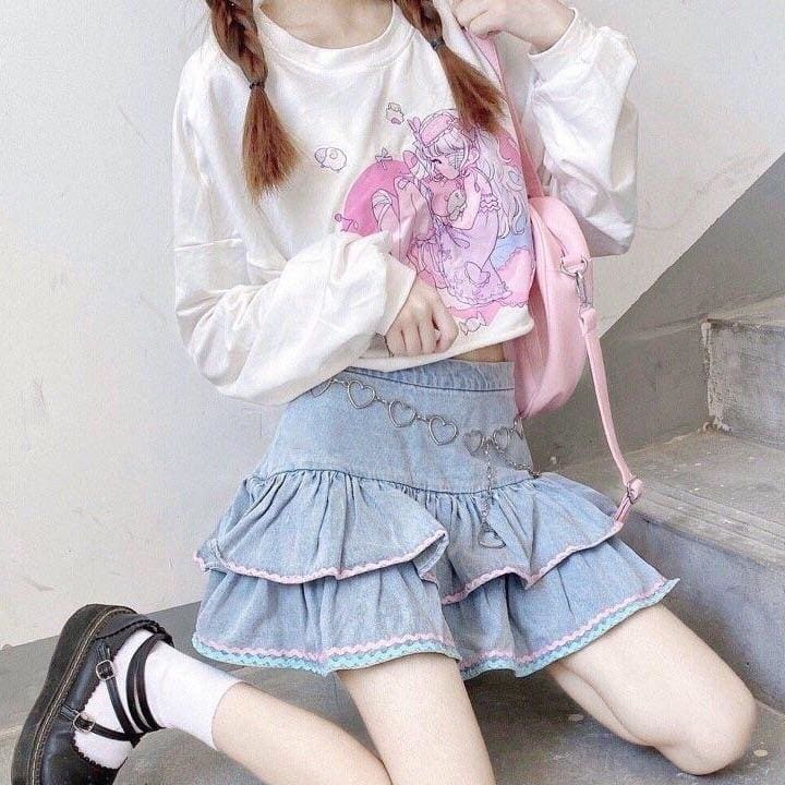 Kawaii Babydoll Ruffle Denim Mini Skirt - Kawaii Doll Lolita