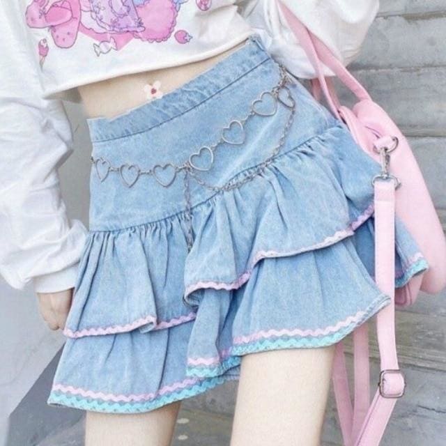 Kawaii Babydoll Ruffle Denim Mini Skirt - Kawaii Doll Lolita