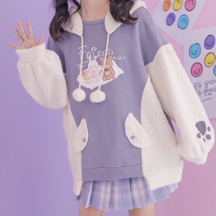 Kawaii Bear Rabbit Spliced Plush Warm Hoodie Pullover MK15303 - KawaiiMoriStore