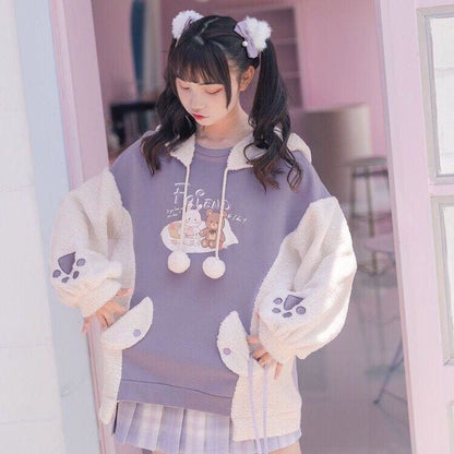 Kawaii Bear Rabbit Spliced Plush Warm Hoodie Pullover MK15303 - KawaiiMoriStore