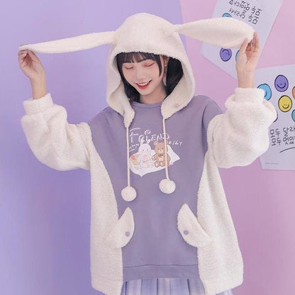 Kawaii Bear Rabbit Spliced Plush Warm Hoodie Pullover MK15303 - KawaiiMoriStore