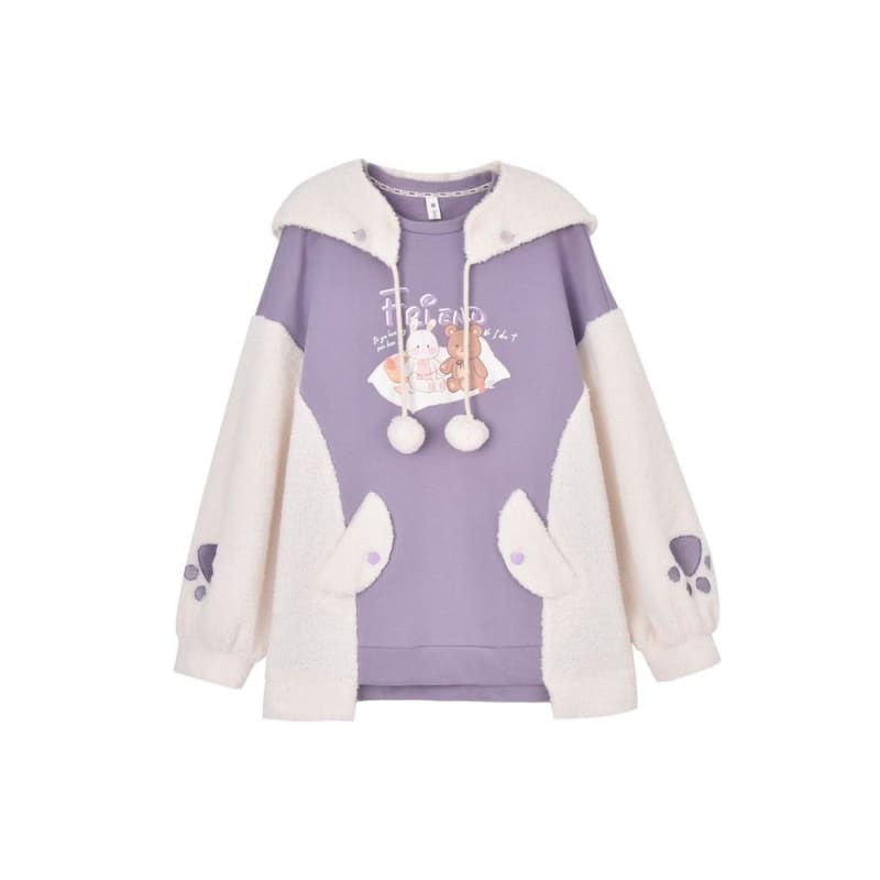 Kawaii Bear Rabbit Spliced Plush Warm Hoodie Pullover MK15303 - KawaiiMoriStore