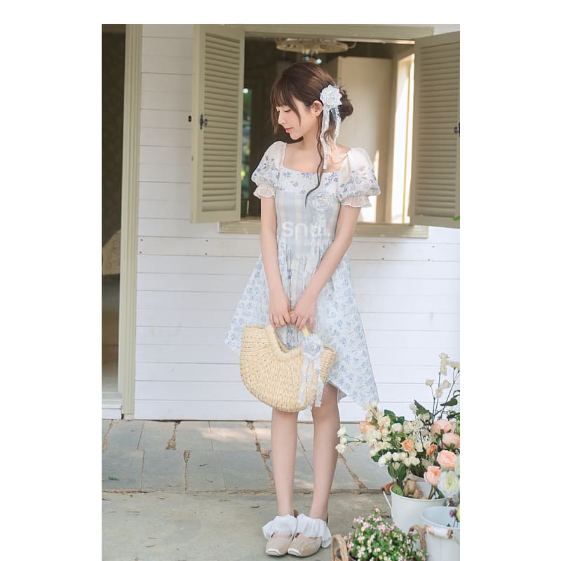 Kawaii Blue Spring Flowers Dress ON628 - dress