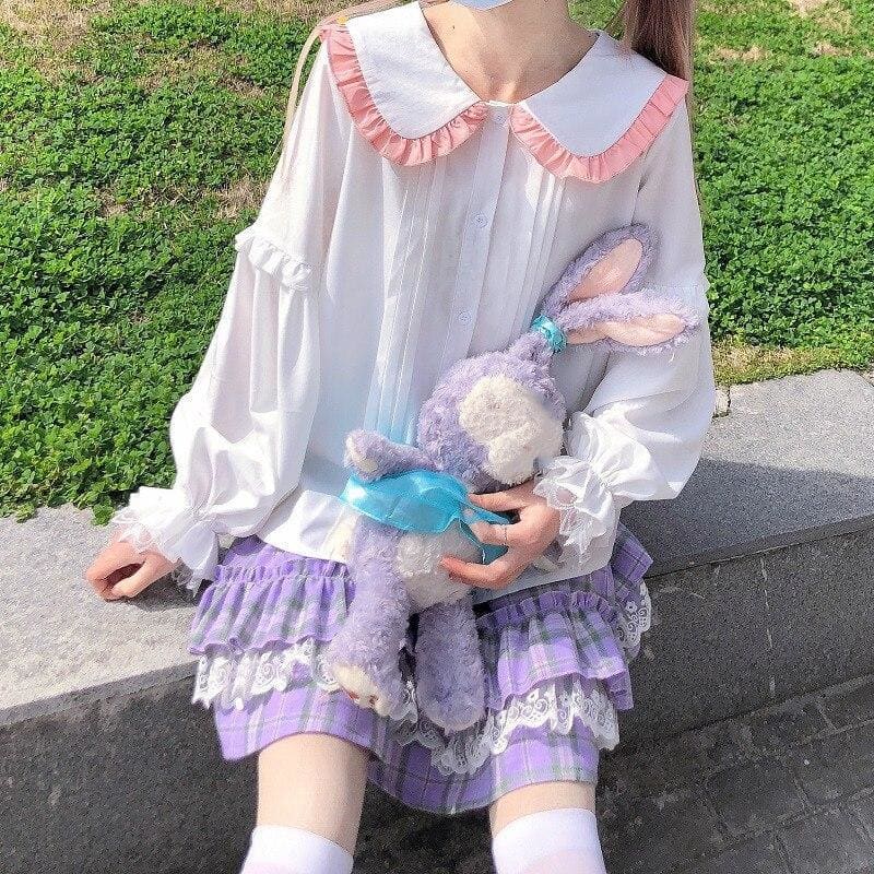 Kawaii Bunny Ear Sailor Collar Lace Ruffles White Blouses MK15872 - KawaiiMoriStore