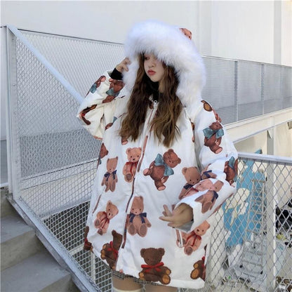 Kawaii Cartoon Bear Print Winter Padded Coat MK15268 - KawaiiMoriStore