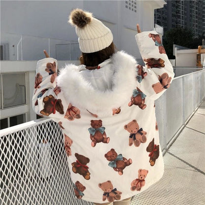 Kawaii Cartoon Bear Print Winter Padded Coat MK15268 - KawaiiMoriStore