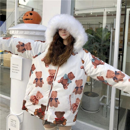 Kawaii Cartoon Bear Print Winter Padded Coat MK15268 - KawaiiMoriStore