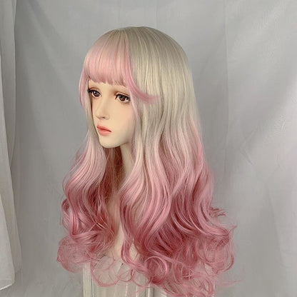 Kawaii Cute Platinum Gradient Pink Long Curly Lolita Wig MM1659 - KawaiiMoriStore