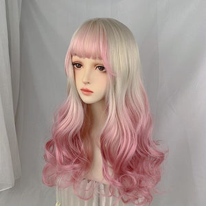 Kawaii Cute Platinum Gradient Pink Long Curly Lolita Wig MM1659 - KawaiiMoriStore