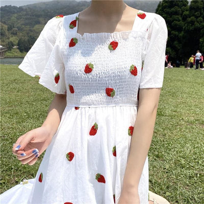 Kawaii Embroidery Strawberry/Pineapple Dress MK14999 - KawaiiMoriStore