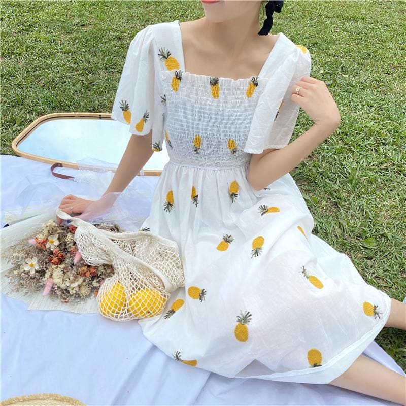 Kawaii Embroidery Strawberry/Pineapple Dress MK14999 - KawaiiMoriStore