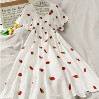 Kawaii Embroidery Strawberry/Pineapple Dress MK14999 - KawaiiMoriStore