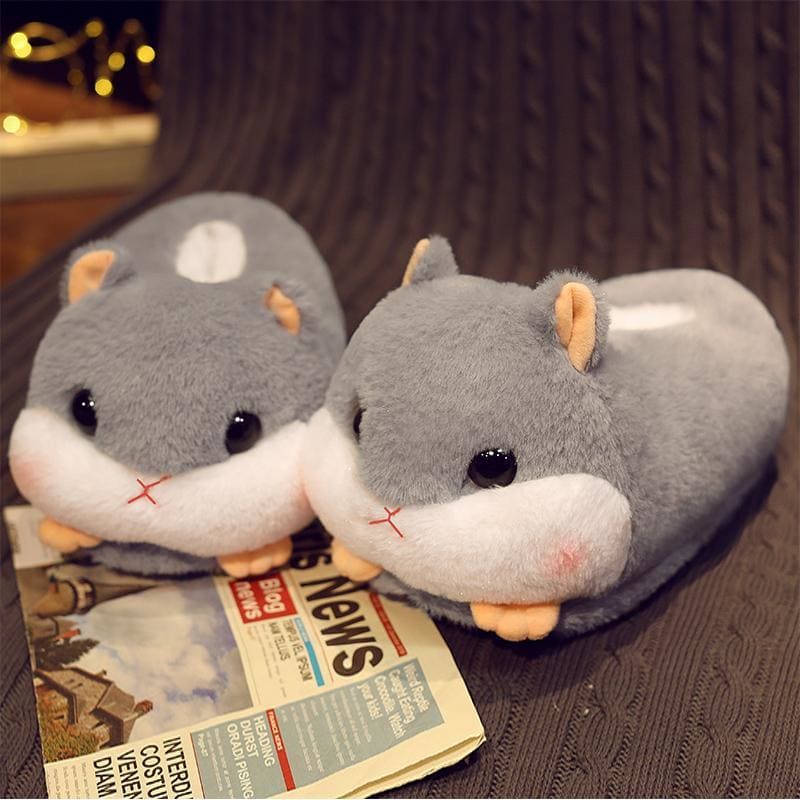 Kawaii Hamster Plush Slippers ME62 - Gray hamster /
