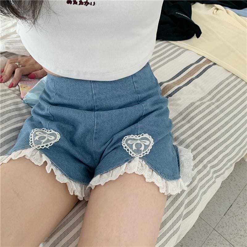 Kawaii Heart Sweet High Waist Denim Shorts - Kawaii Fashion 