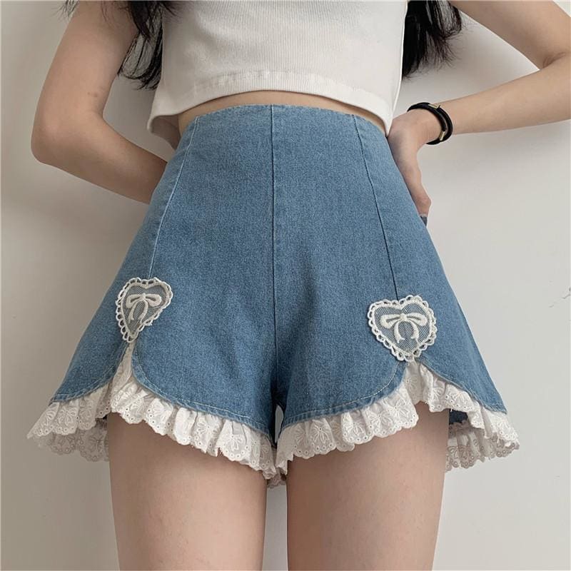 Kawaii Heart Sweet High Waist Denim Shorts - Kawaii Fashion 