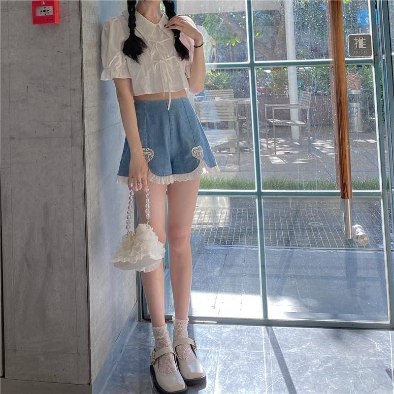 Kawaii Heart Sweet High Waist Denim Shorts - Kawaii Fashion 