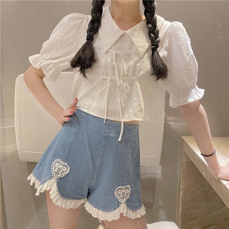 Kawaii Heart Sweet High Waist Denim Shorts - Kawaii Fashion 