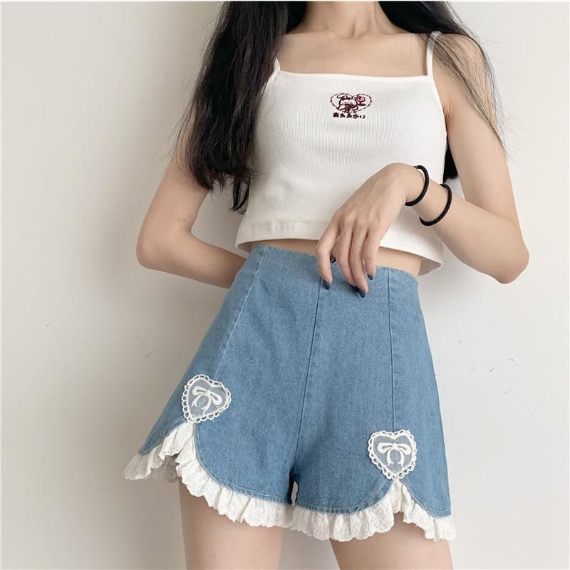 Kawaii Heart Sweet High Waist Denim Shorts - Kawaii Fashion 