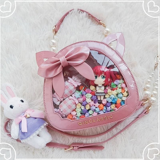 Kawaii Lolita Cat Head Transparent Bow JK Uniform Dolls Handbag MK15676 - KawaiiMoriStore