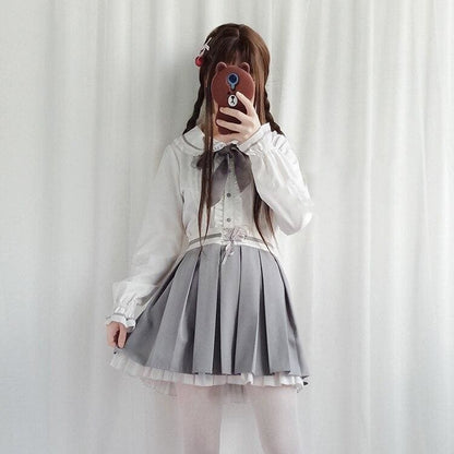 Kawaii Lolita Gray Coat +Gothic Blouse And Skirt Set Suit MK15098 - KawaiiMoriStore