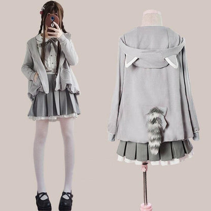 Kawaii Lolita Gray Coat +Gothic Blouse And Skirt Set Suit MK15098 - KawaiiMoriStore