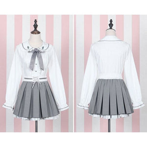 Kawaii Lolita Gray Coat +Gothic Blouse And Skirt Set Suit MK15098 - KawaiiMoriStore