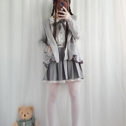 Kawaii Lolita Gray Coat +Gothic Blouse And Skirt Set Suit MK15098 - KawaiiMoriStore