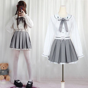 Kawaii Lolita Gray Coat +Gothic Blouse And Skirt Set Suit MK15098 - KawaiiMoriStore