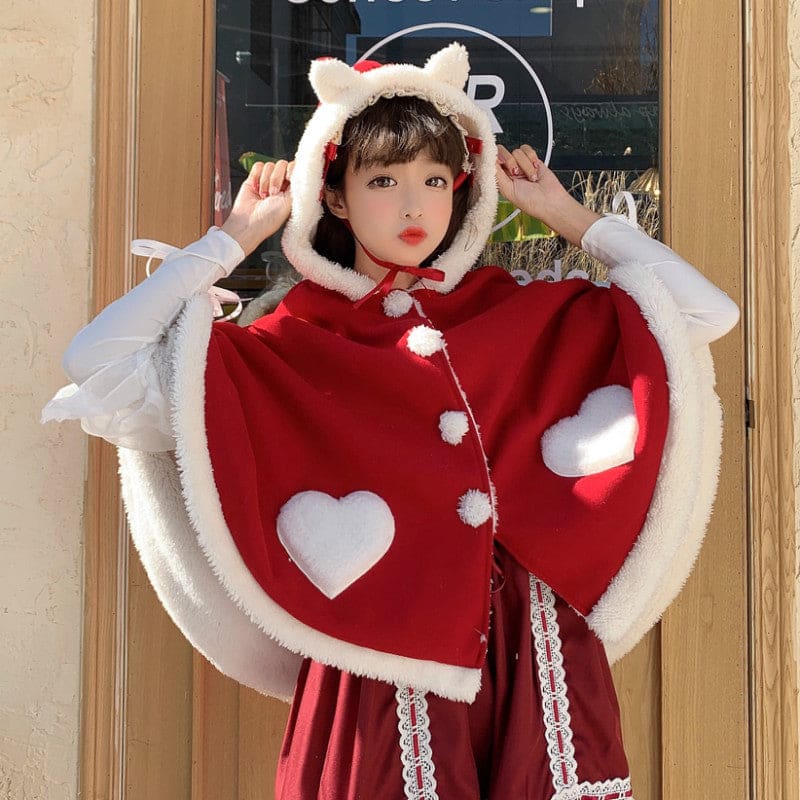 Kawaii Lolita Sweet Red Heart Cape - Red / Average size -