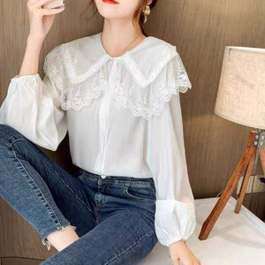 Kawaii Mori Girl Lace Collar Long Sleeve Shirt - One Size