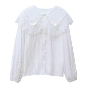 Kawaii Mori Girl Lace Collar Long Sleeve Shirt - One Size