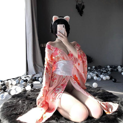 Kawaii Pink Kimono With White Bow-knot Waistband And Thong Sexy Maid Cosplay Costume MK178 - KawaiiMoriStore