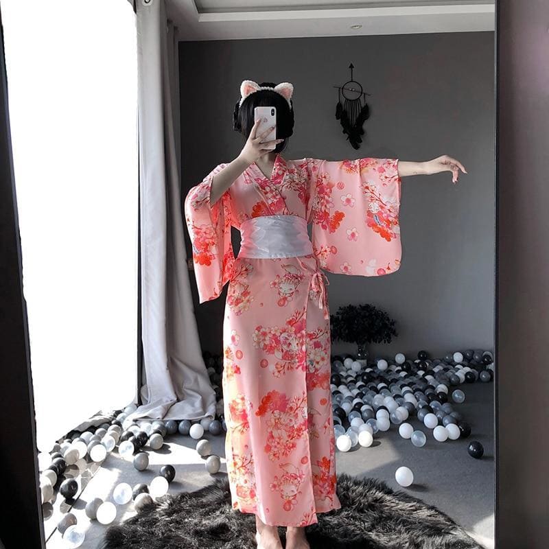Kawaii Pink Kimono With White Bow-knot Waistband And Thong Sexy Maid Cosplay Costume MK178 - KawaiiMoriStore