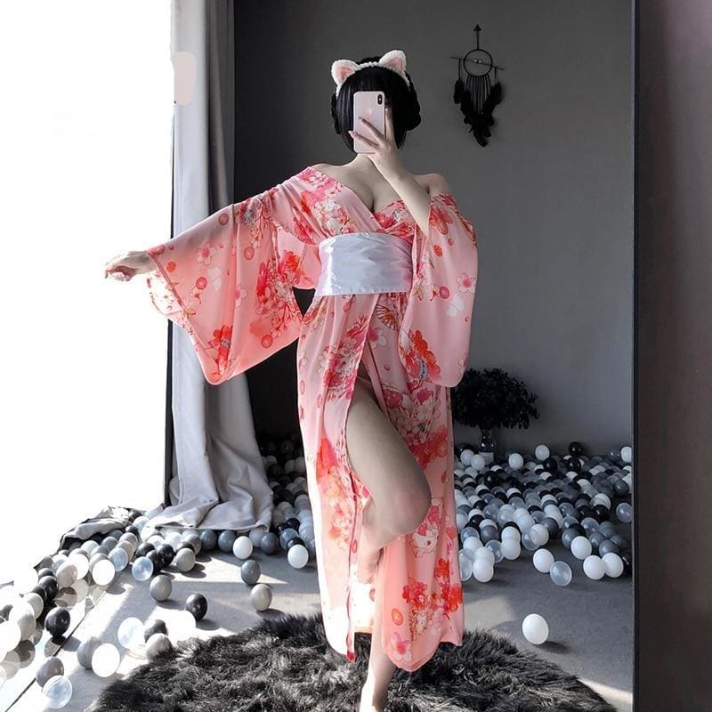 Kawaii Pink Kimono With White Bow-knot Waistband And Thong Sexy Maid Cosplay Costume MK178 - KawaiiMoriStore